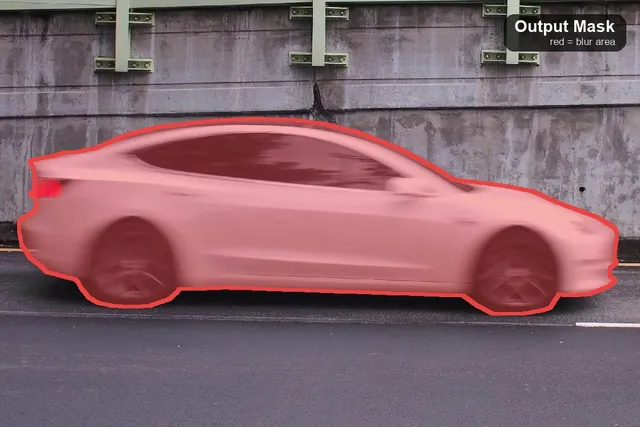 Frame from the BOCCHI teaser video: a motion-blurred car with its blurred region highlighted in red