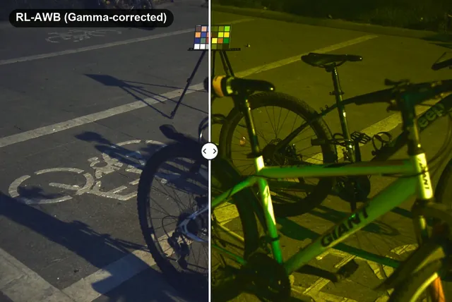 Frame from the RL-AWB teaser video comparing a gamma-corrected night-time input with the RL-AWB result